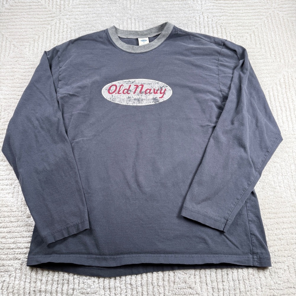 Old Navy T-Shirt Mens Medium Gray Vintage Y2K Graphic Ringer Grunge Skater Retro